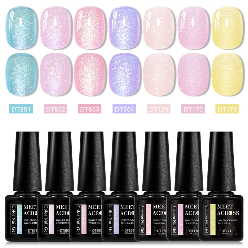

MEET ACROSS 7pcs Glitter Nail Gel Polish Set Gorgeous Nude Pink Reflective Semi Permanent Soak Off UV DIY Nail Art Manicure Kit
