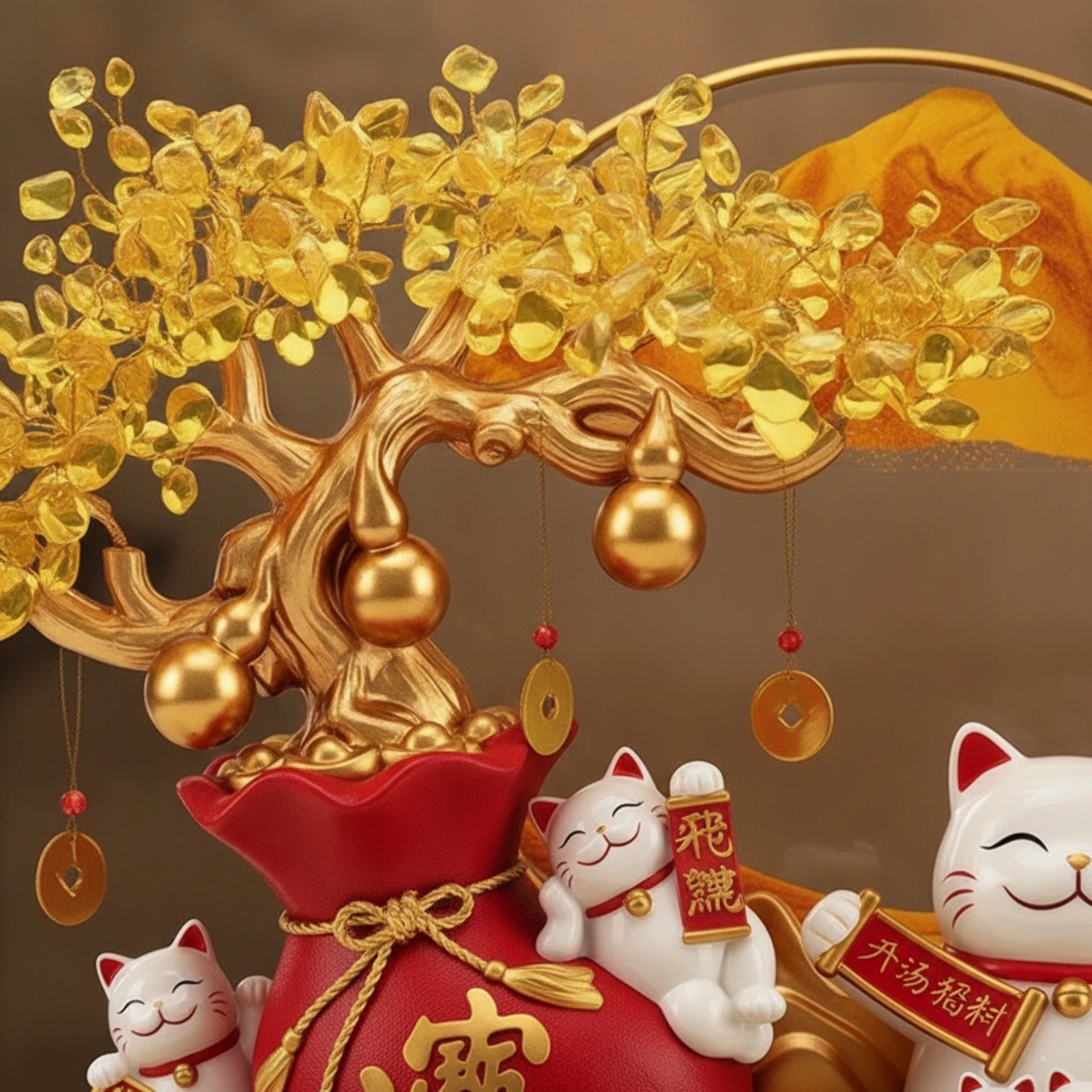 Wealth Tree Ornament with Auspicious Cat Traditional Auspicious Cat Ornament Maneki-Neko Display Festive Maneki Neko Decorative
