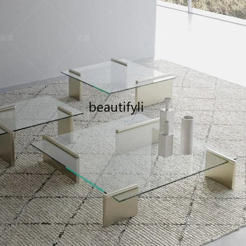 

Nordic natural marble living room coffee table light luxury Italian style, transparent tempered glass low coffee table
