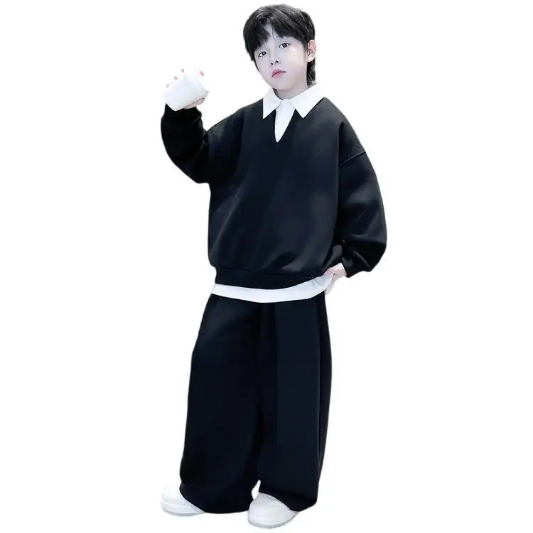 

Boys' Spring Autumn Fake Two-piece Shirt Collar Sweatshirt Set, Kids Casual Loose Wide Leg Pants Outfit, Trendy Streetwear Wear