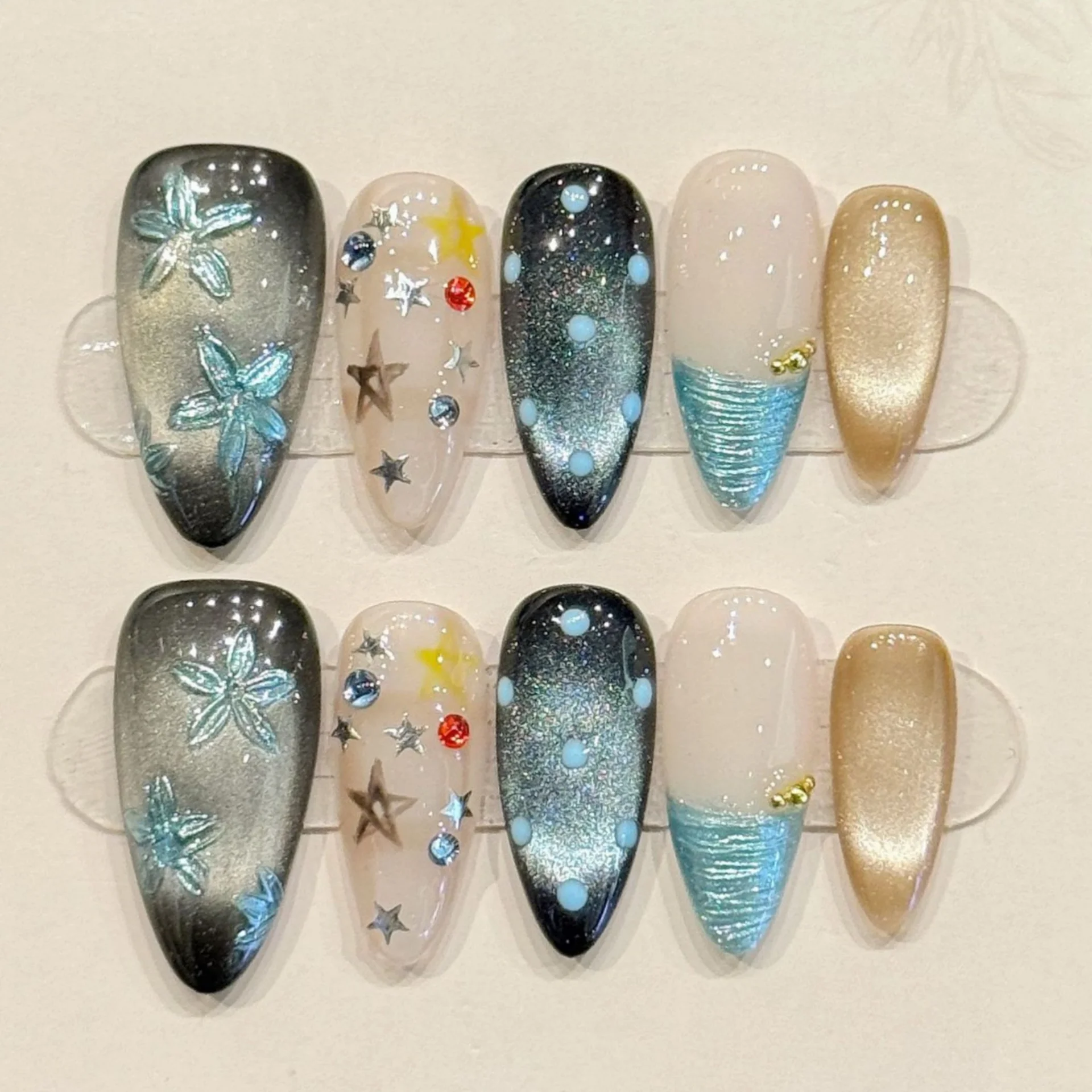 

10pcs Blue Fake Nail Autumn and Winter Almond Handmade Nails Tips Star Rhinestone Design Press on False Nails Reusable Manicure