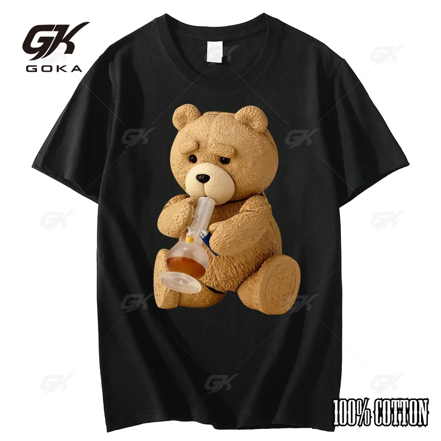 2024 New Cotton T Shirt Print Cute Teddy Bear Drinking Beer Poster T-shirt Summer Short Sleeved T-shirt Cool Casual High Quality