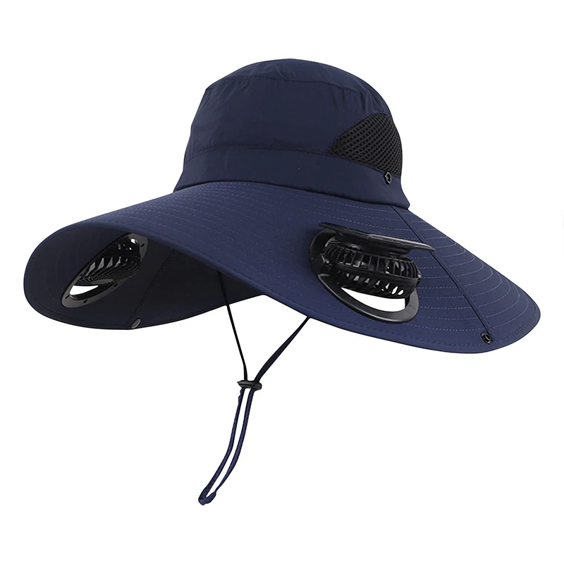 

Dual Solar Fan Wide Brim UPF50+ Sun Hat Windproof Chin Strap fit Mens Outdoor Fishing Hiking Garden Work UV Protection Wear
