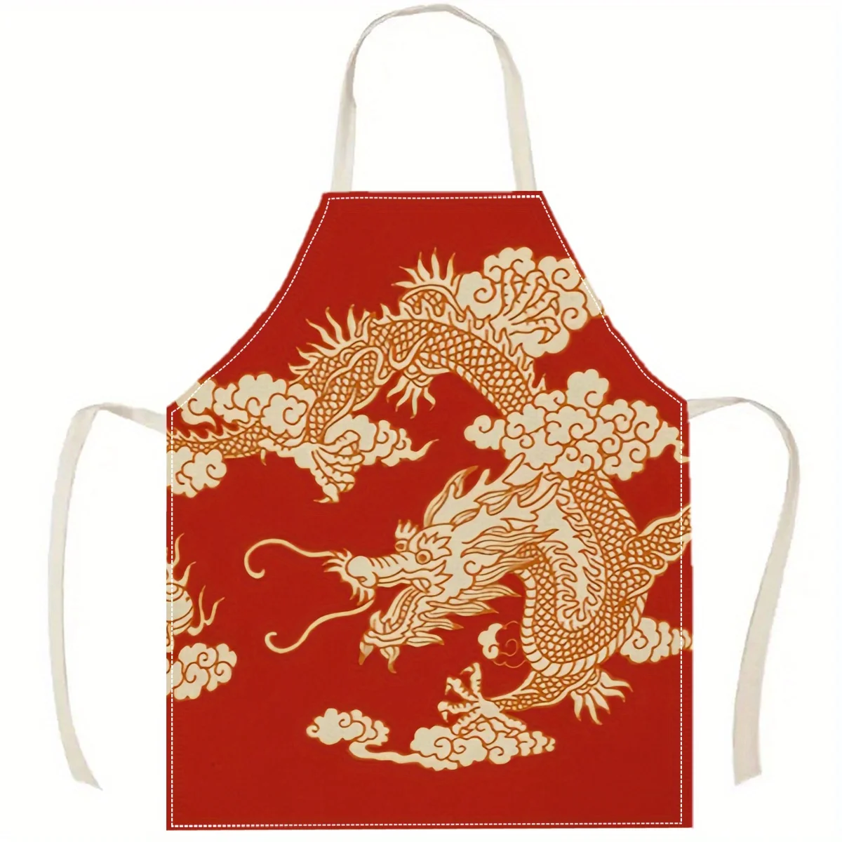1pc Red Dragon Apron Linen Chinese Style Kitchen Cooking Baking Painting Gift For Men Women
