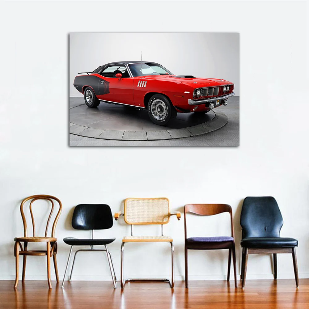1971 Plymouth Classical Car Canvas Painting Red Supercar Poster & Print Wall Art Picture for Living Room Bedroom Decor