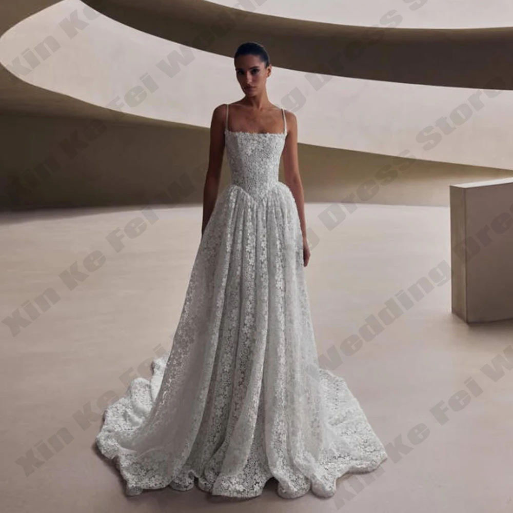 Gorgeous Women's Square Neck Bridal Gown Off Shoulder Sleeveless Lace A-line Princess Ball Wedding Dresses Formal Party Customiz