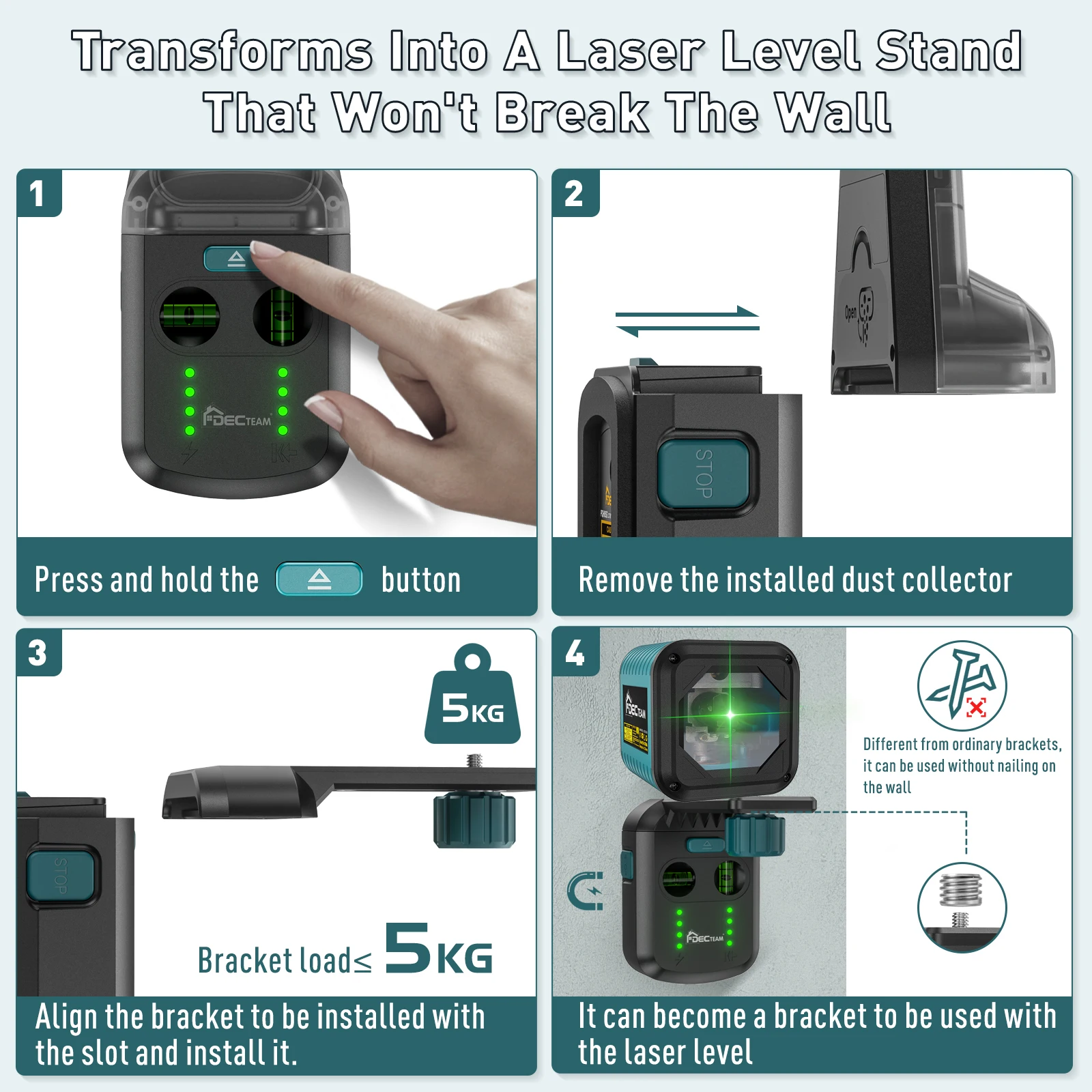 Decteam 2 Lines Laser Level With Drilling Dust Collector Box,Laser Level Wall Suction Vacuum L drill Bracket For Home Decoration