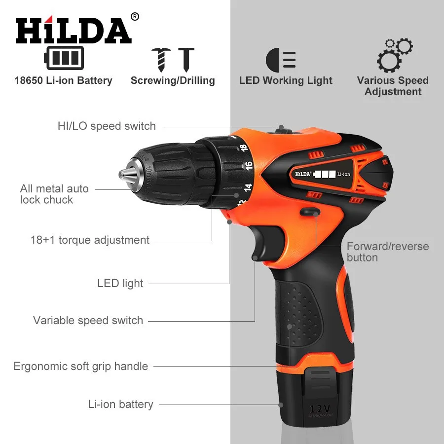 Imagem -03 - Hilda-furadeira Elétrica sem Fio Chave de Fenda 12v Carpintaria Bateria de Iões de Lítio Velocidades Mini Led Ferramentas Elétricas