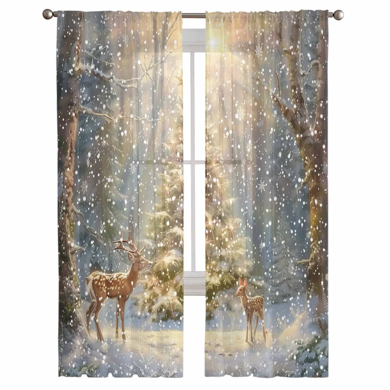 Christmas Snow Scenery Snowflakes Trees Deer Window Treatment Tulle Modern Sheer Curtains for Kitchen Living Room Curtains Decor