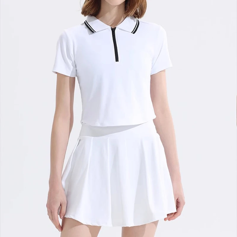 Neues Damen-Sommer-Tennis-Outfit, Kurzes Poloshirt, Kurzärmeliges Sporttop Kombiniert mit Plissiertem Anti-Blend-Rockhosen-Set – Detail 5