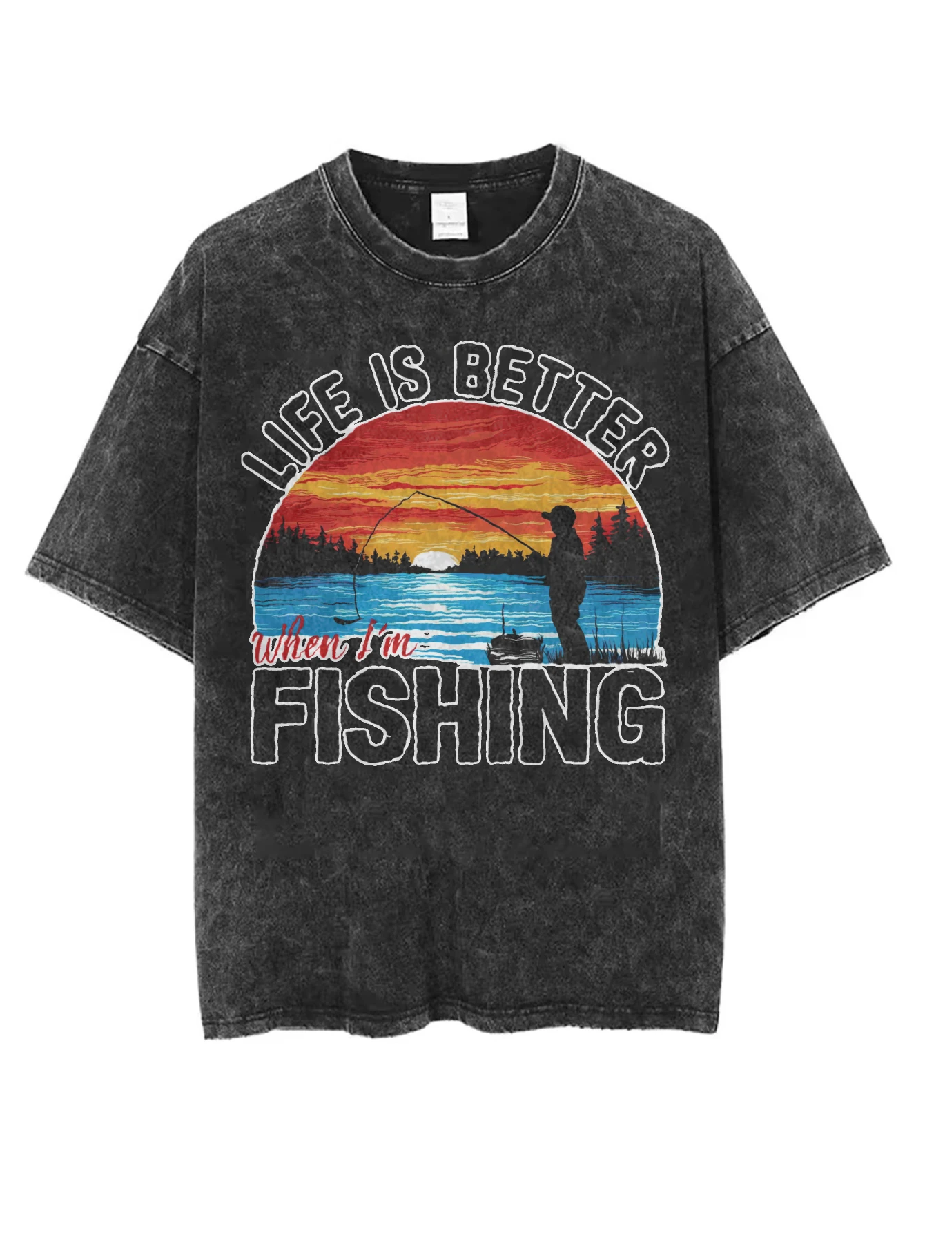 

life is better fishing Black Washed Round-Neck T-Shirt Loose Fit Comfortable for Women Men Perfect for Winter Christmas