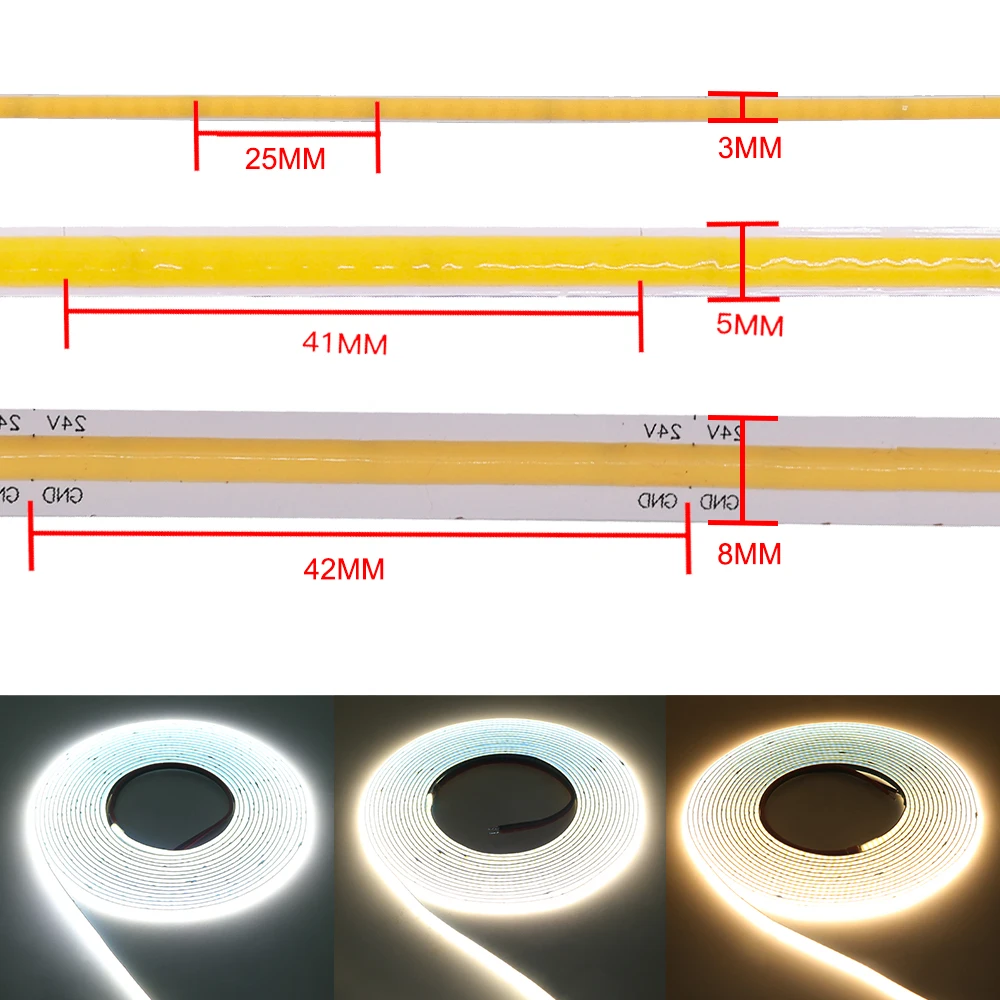 3mm Ultra Thin COB LED Strip Light 5mm 8mm Flexible LED Bar 12V 24V 384Leds/m High Density Linear Light Backlight for Decoration