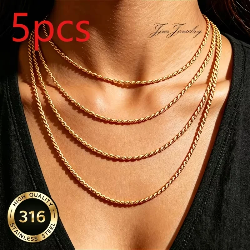Classic 5pcs Gold Color Rope Chain Necklaces for Women Men Basic Twisted Collar Waterproof 316L Stainless Steel 2/3mm Wholesale