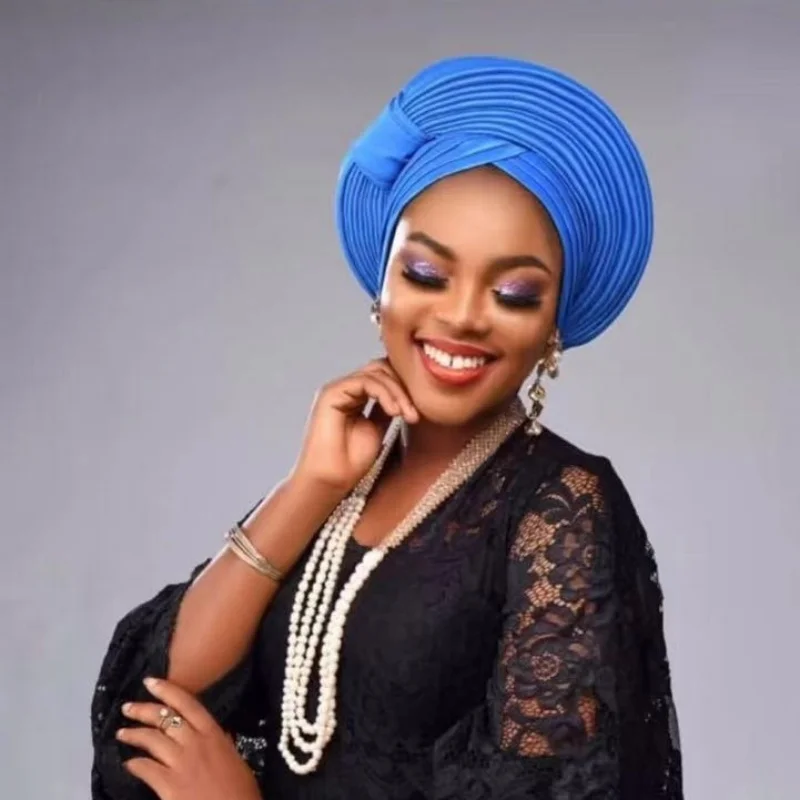 

Multi-layer African Headtie Turban Raw Silk Nigeria Head Ties Already Made Auto Gele Female Head Wraps Wedding Party Cap Hat