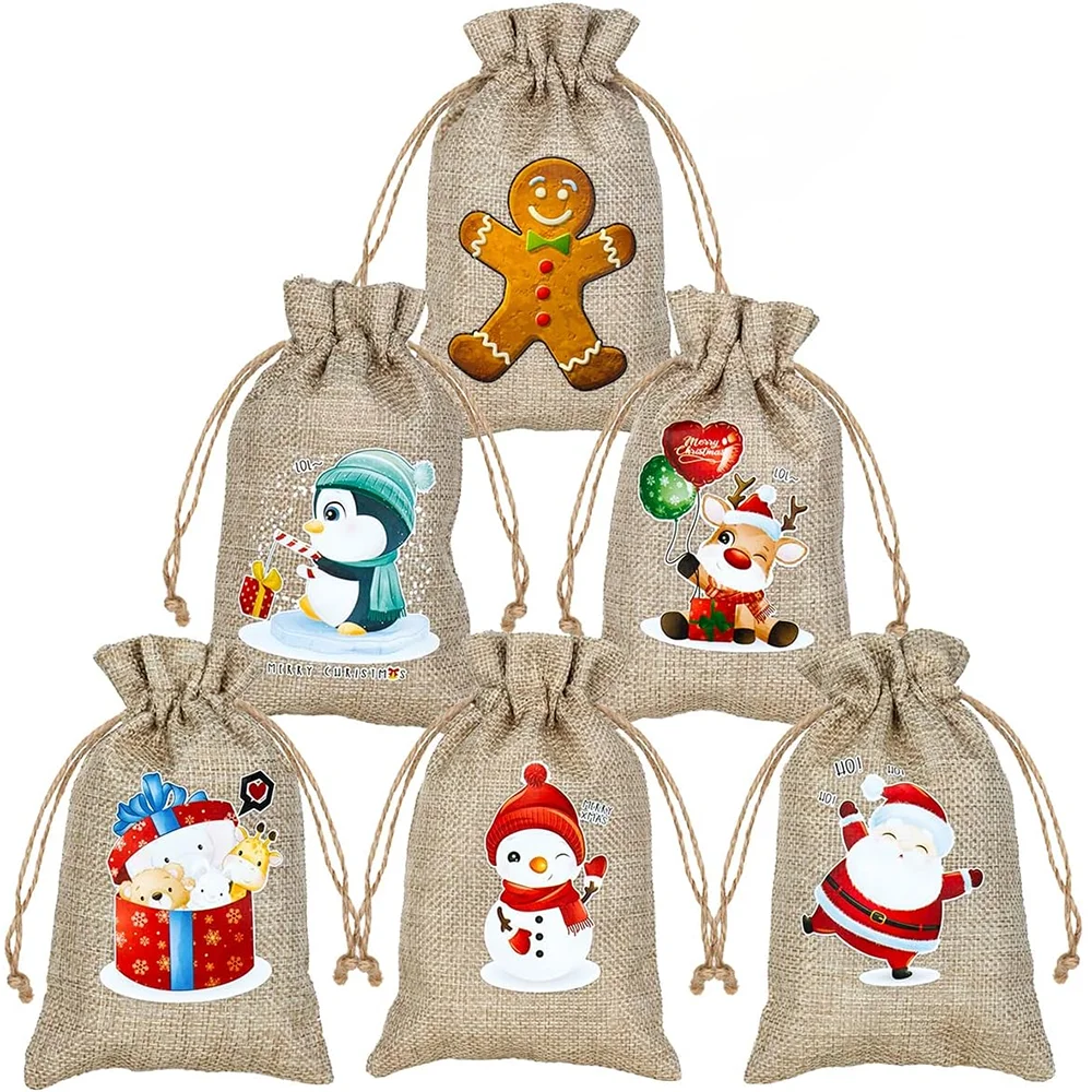 

6Pcs Christmas Burlap Drawstring Gift Bags for Kids Xmas Presents Winter Holiday Party Favor Treats Candy Bag Santa Claus Supply