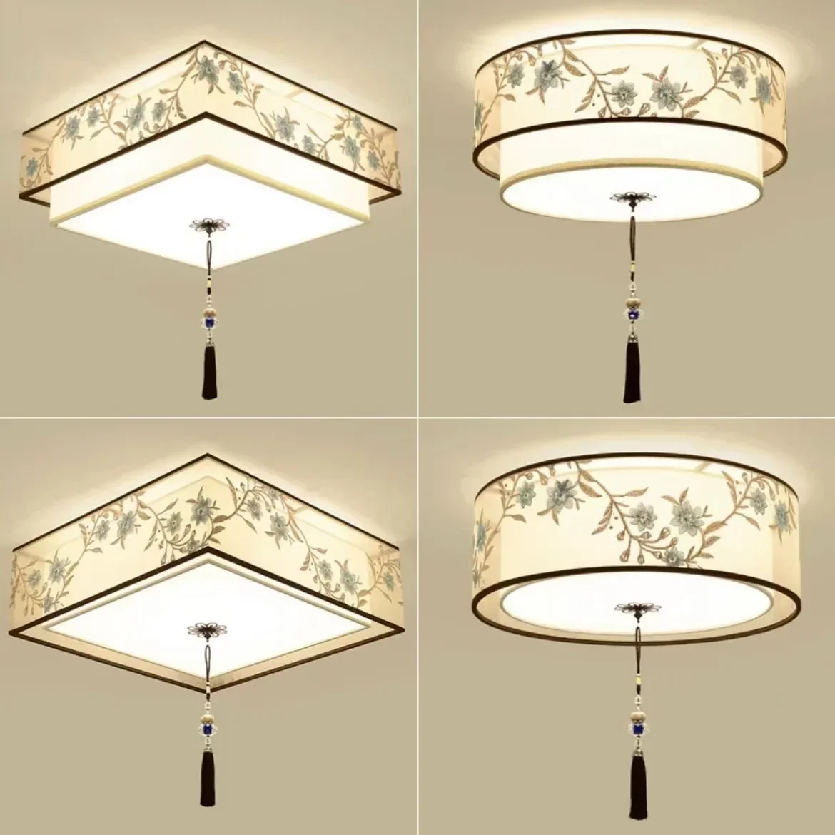 Moonlite Chinese Ceiling Lamp Embroidery for Bedroom Dining Room Restaturent Round or Square Fabric Lampshade E27 LED Light