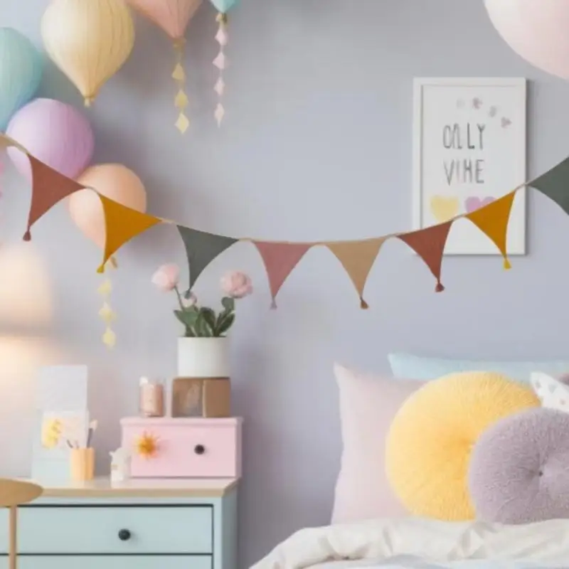 A5YC Gender Neutral Nursery Bunting Banners Washable Cotton Flag Multicolor Vintage Baby Photography Props with Tassels