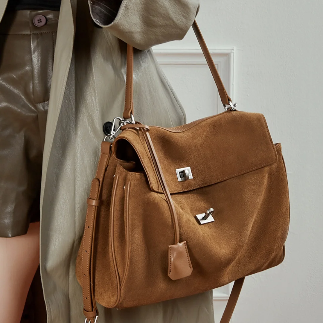Large Capacity Frosted Cowhide Women's Crossbody Shoulder Bag Soft Suede Vintage Tote Bag with Metal Lock Charm Lazy Style