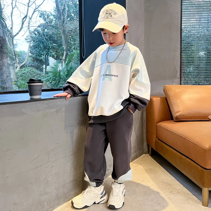 Spring 4-12Y Kids Boys Two-piece Clothes Set Letter Contrast Spliced Sweatshirt Outfit Loose Elastic Wasit Sports Pant Tracksuit