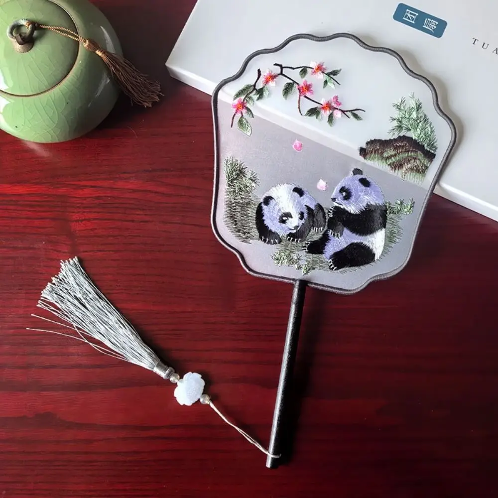 

Creative Embroidered Silk Fan Cute Panda Chinese Style Chinese Ancient Style Round Fan Double-sided with Tassels Hanfu Tuan Fan