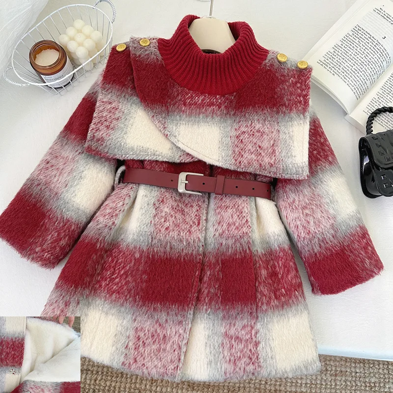 Girls Woolen Coats Winter 2025 Children Thick Velvet Long Tops Outerwear For Baby Girl Clothes Kids Warm Long Jackets Teenagers