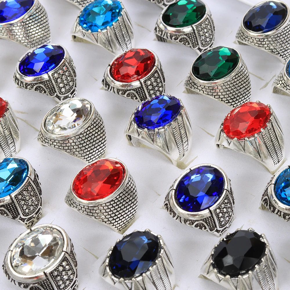 20Pcs/Lot Fashion Vintage Imitation Gemstone Glass Rings For Men Women Mix Color Style Retro Jewelry Party Gifts