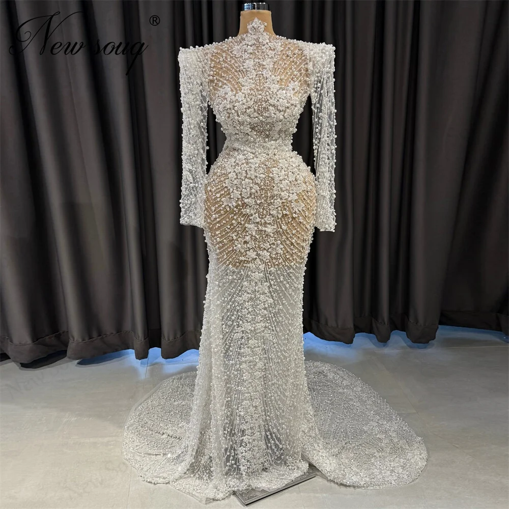 

Full Beaded Flowers Evening Dresses Robes De Soiree Middle East Long Sleeves Prom Dress Crystals Wedding Party Gowns Customized