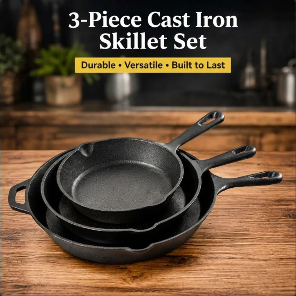 3-Piece Cast Iron Skillet Set, 6 8 10 Inch Frying Pans, Pre-Seasoned Cookware for Stovetop Oven Grill Camping Kitchen