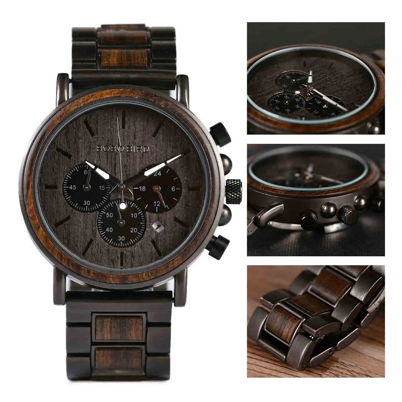

Emibele Wooden Watch for Men, Date Display Chronograph Quartz Wrist Watch, 3 Sub-dials Handmade Light Weight Luminous Watch