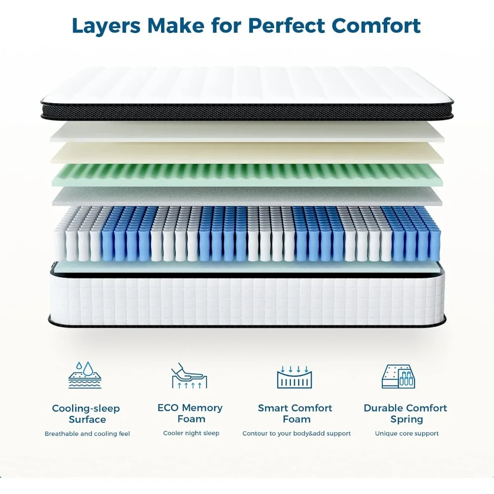 Twin XL Mattress, 10 Inch XLong Twin Hybrid Mattress, Breathable Comfortable Cool Single Mattress