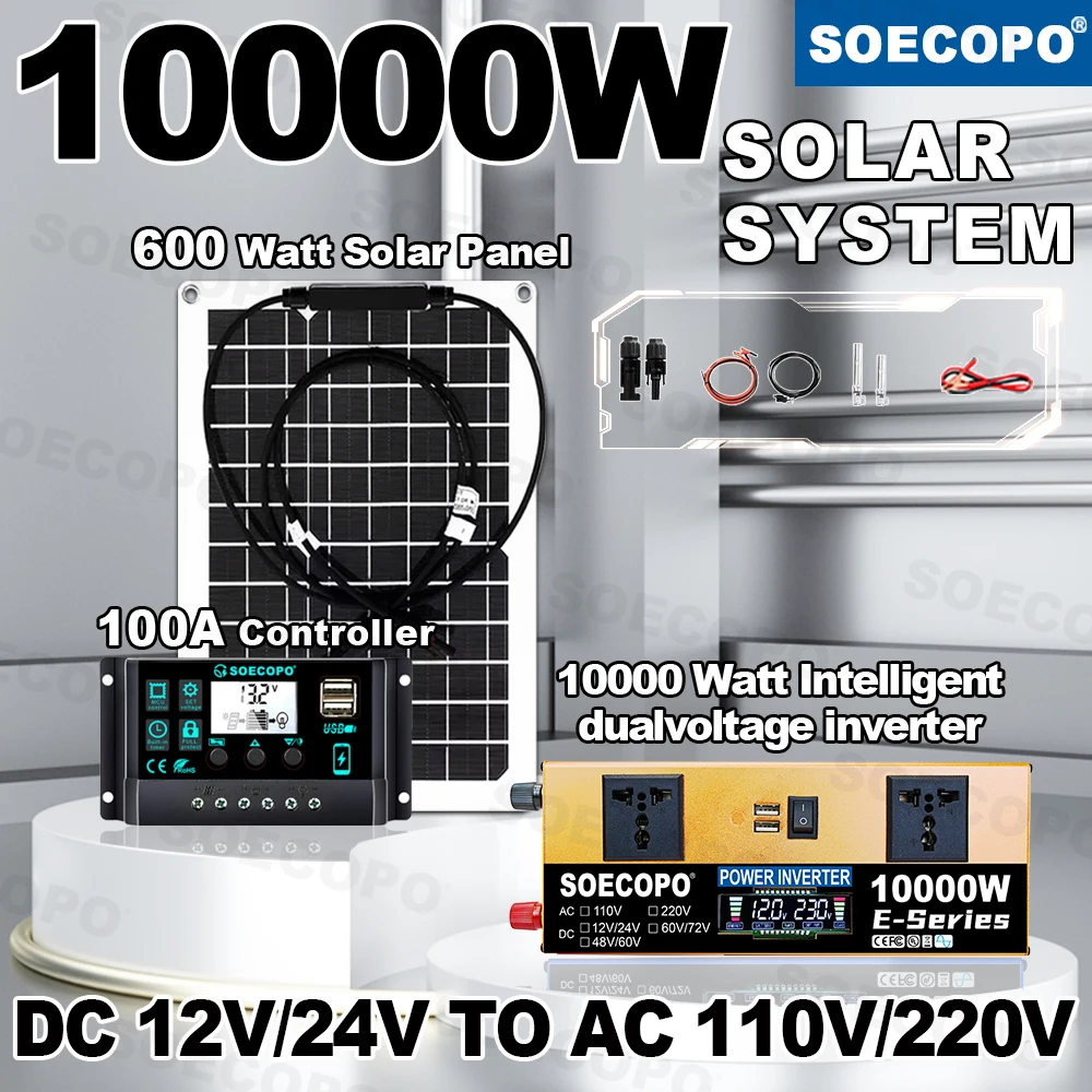 

10000W Peak Solar System Kit Panel + 100A Controller DC 12/24V To 110/220V Inverter Runs Fridges & Routers for Home Emergency