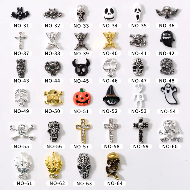 20Pcs/Lot Halloween Nail Jewelry Set Metal Skull Pumpkin Cross Nail Piercing Wearing Nail Art Drill Random Mixed Jewelry