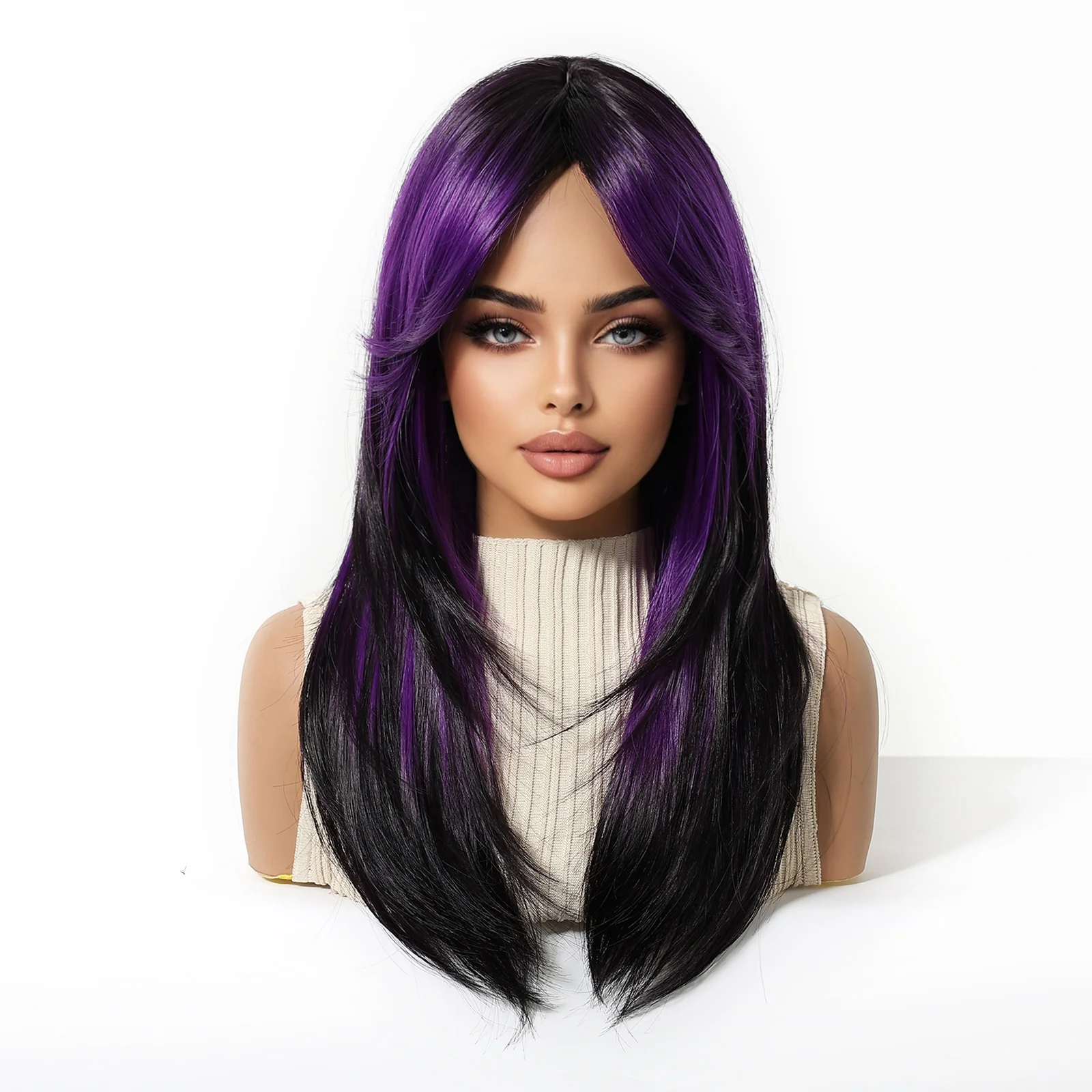 Synthetic Wigs for Women 22 Inches Long Straight Purple Black Ombre Wigs With Bangs Daily Use Cosplay Party Heat Resistant Wigs