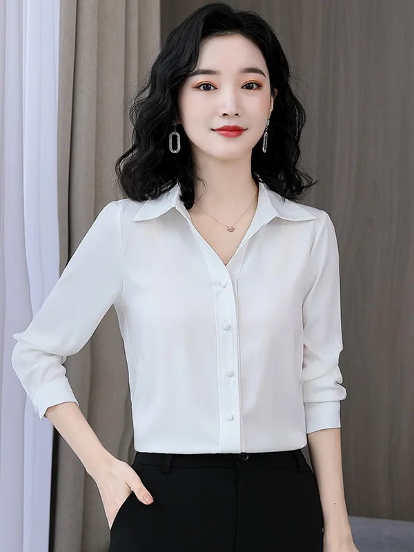 Nouveau Silk irt femmes printemps automne marque Tube droit boutonné Long col Sve régulier mince couleur Pure pas Ir...