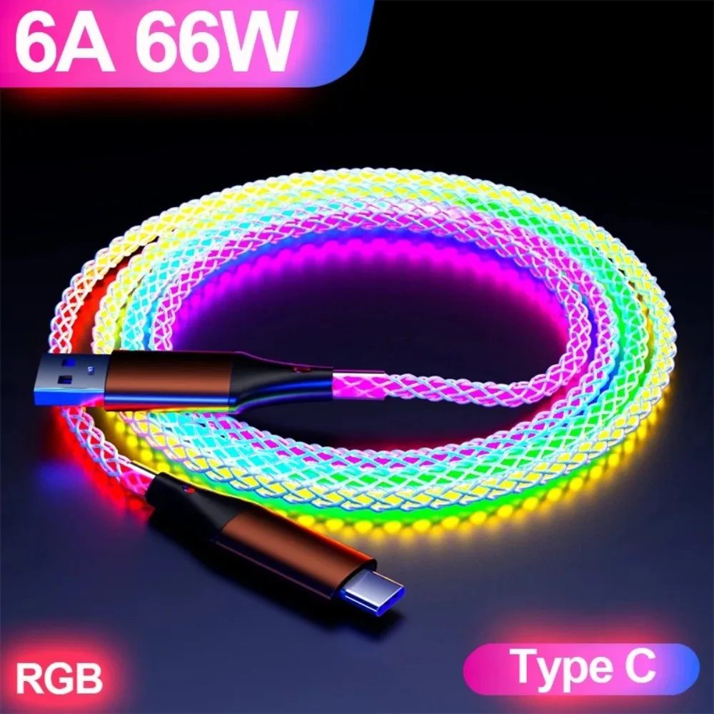 66W 6A RGB Breathing Gradient Luminous USB C Fast Charging Data Cord Glowing Light High‑Speed Cable For iPhone 17 Xiaomi Samsung