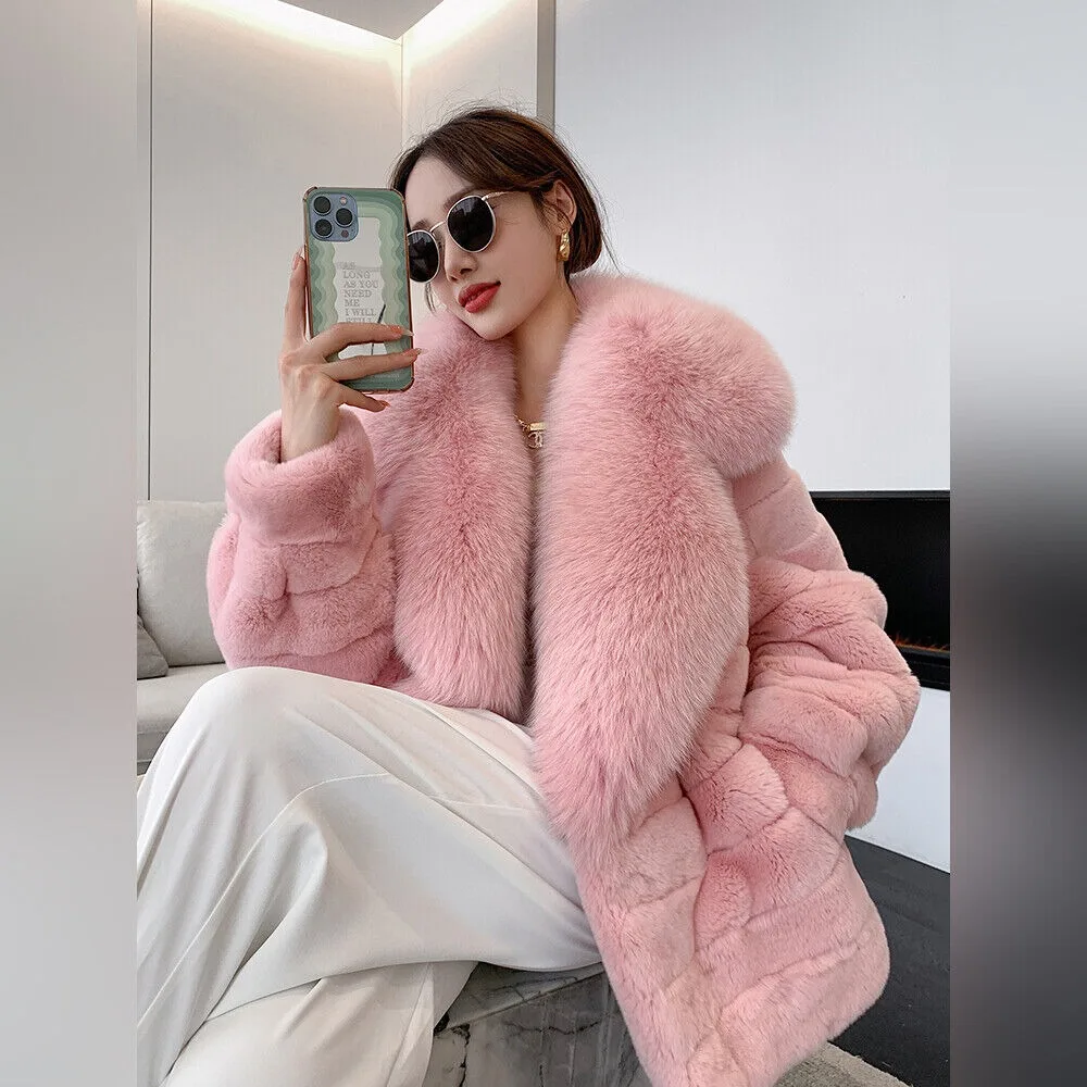 Women New Real Rex Rabbit Fur Chinchilla Coat Big Fox Fur Shawl Collar Jackets genuine fur coats thickened fluffy free shipping