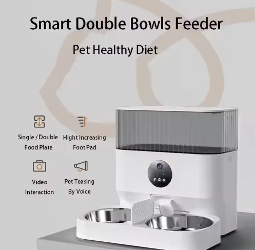 Hot Sales Portable Smart Pet Feeder 1080p Camera Double Bowl Stainless Steel Wifi Food Dispenser For Dogs Cats 5L 7L Battery