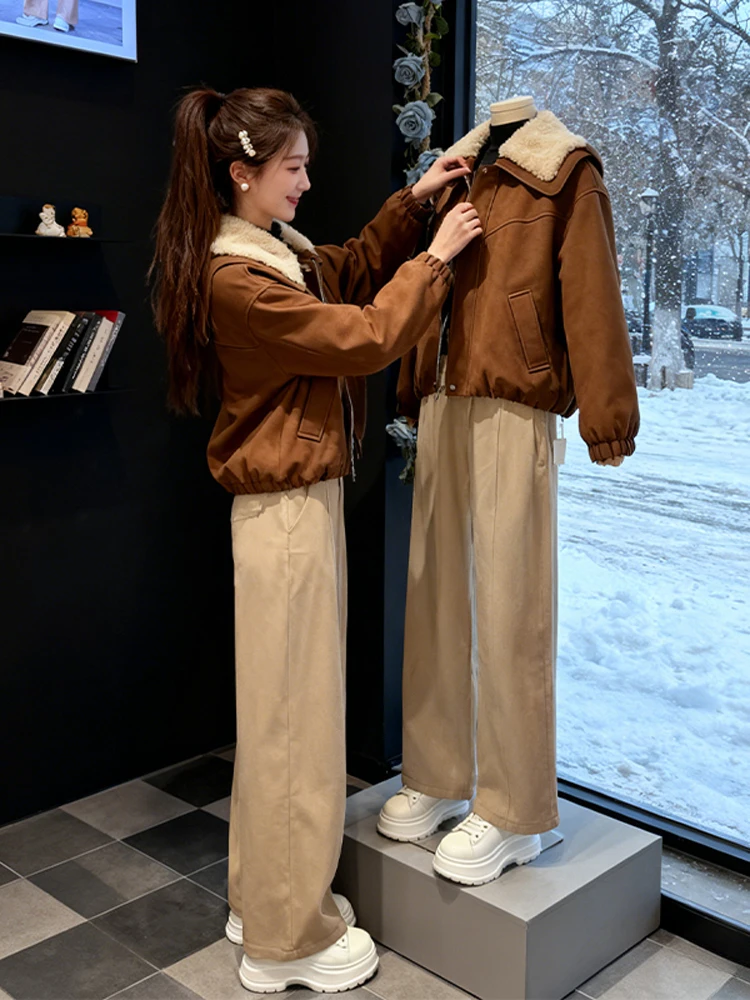 

Faionable ort Lamb Fur Collar Cotton Jaet Set Casual Wide Leg Pants Vintage Warm Women's Ensemble Spring Autumn