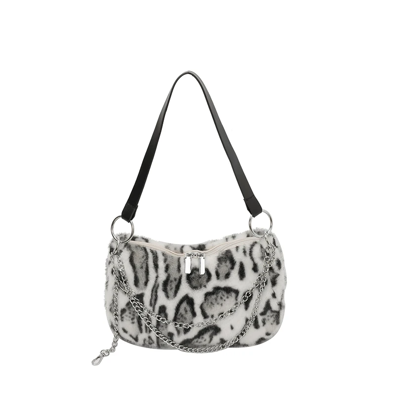 

Fashionable Commuting Leopard Print Single-shoulder Bag Y2k Hot Girls Faux Fur Underarm Bag Soft Plush Chain Fluffy Handbag