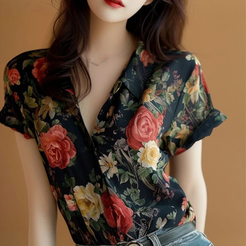 Summer New French Retro Hong Kong Style Rose Print Short Sleeved Shirt Trendy Temperament Casual Unique Comfortable Women's Top