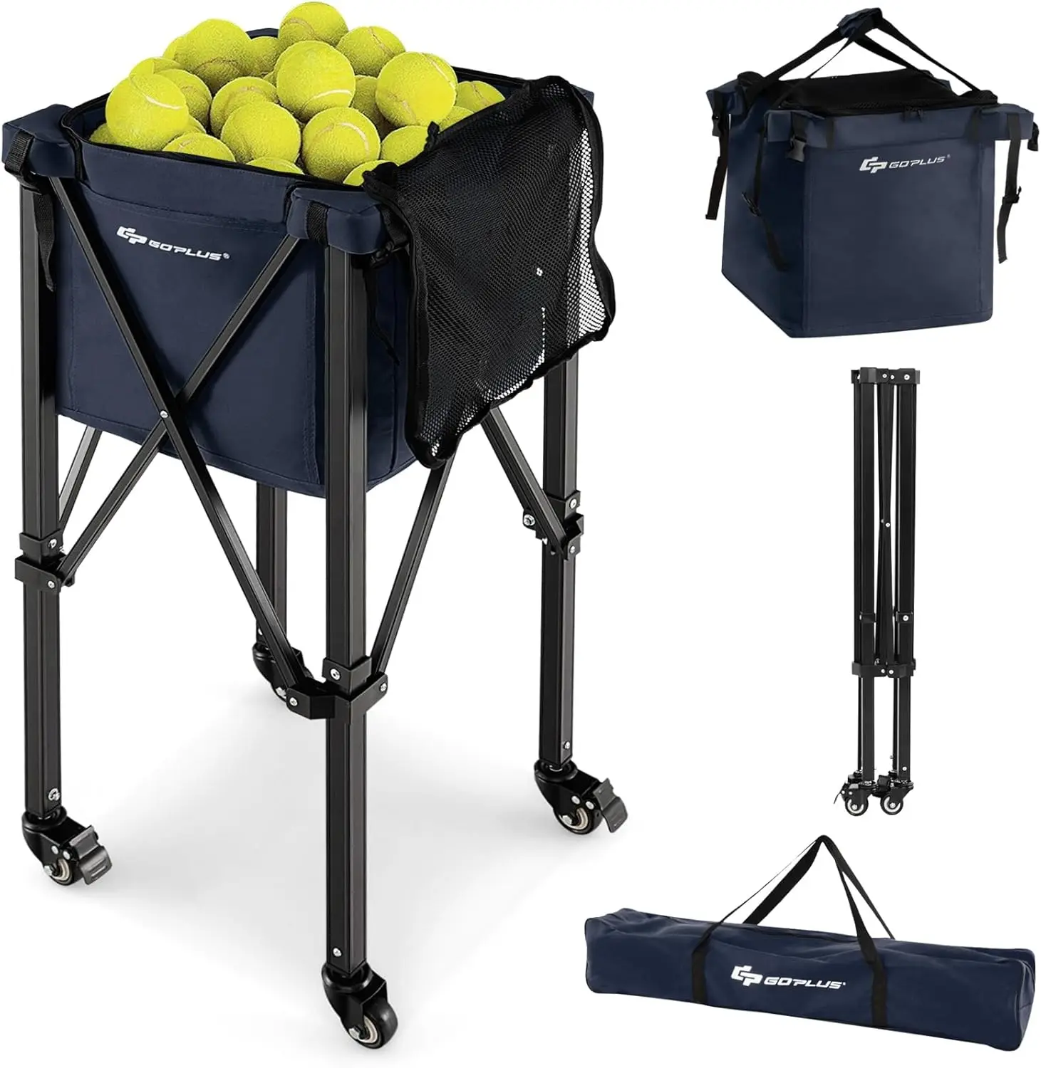 

Foldable Tennis Ball Hopper, Lightweight Aluminum Tennis Ball Basket with Wheels, Removable Bag, Side Pockets, Carry Bag, Portab
