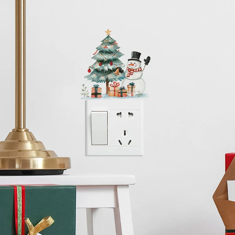 Cartoon Weihnachtsbaum Schneemann Schalteraufkleber Raumsteckdosen-Dekoration Wandbild Festliche Dekoration Selbstklebend für Neujahr Wanddekorationen – Detail 6