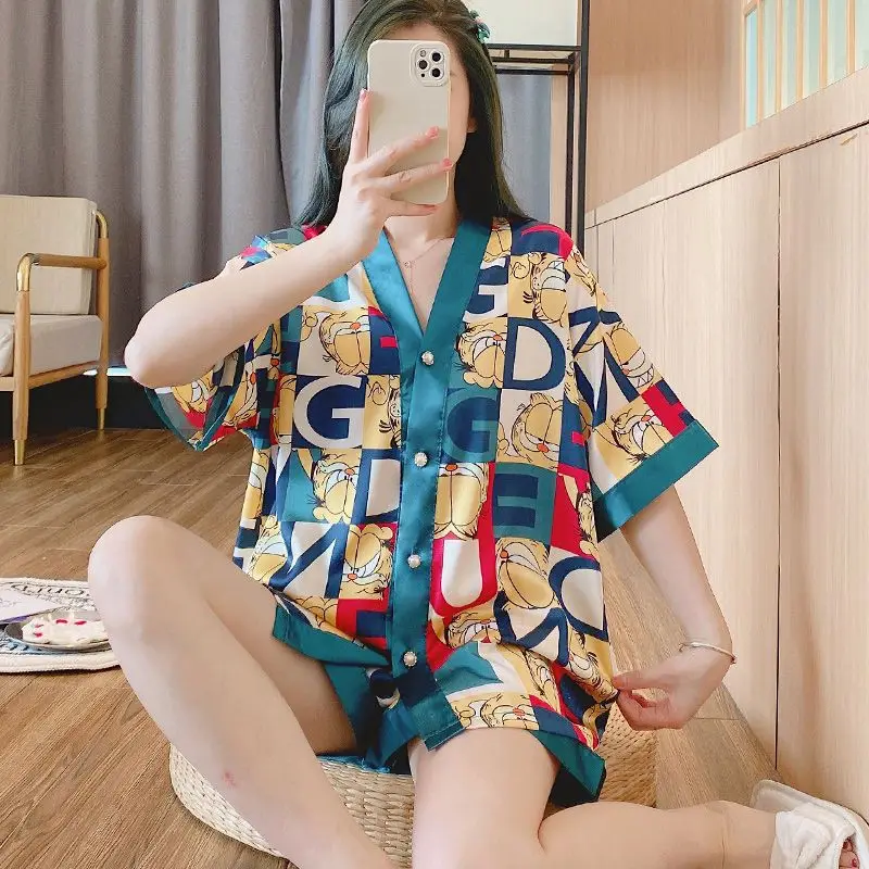 Pijamas de seda femininos manga curta topos shorts pijamas de seda duas peças terno verão loungewear impressão coreano kawaii roupas pijamas