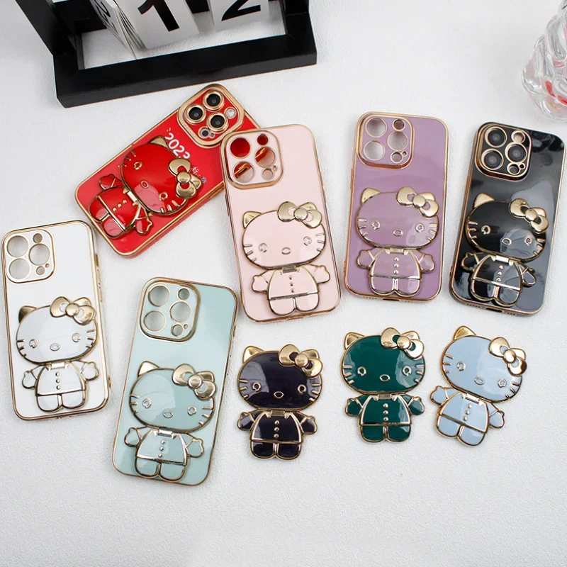 Sanrio Hello Kitty Mobile Phone Holder Cartoon Foldable Back Sticker Bracket Cute Anime Figure Makeup Mirror Style Stand Gifts