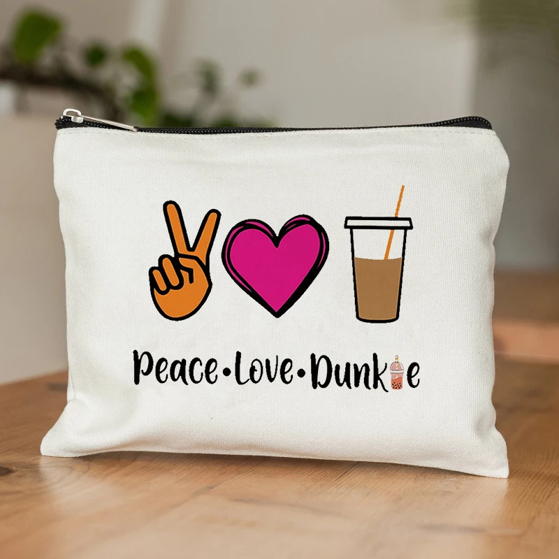 

Peace Love Donut Junkie Patterns Makeup Bag with Zipper Coffee Donuts Lover Gift Coffee Junkie Canvas Women Travel Cosmetic Bag