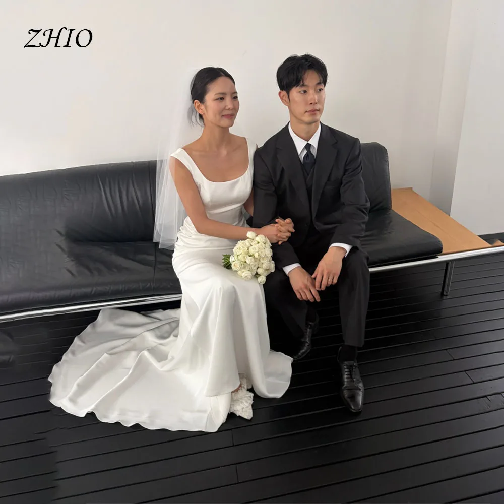 ZHIO Minimalist Square Neck Sleeveless Satin Korea Photo Shoot Mermaid Wedding Gowns Sweep Train Simple Bridal Mariage Custom