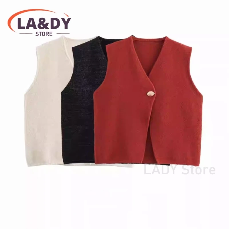 Waistcoat Tops Woman 2024 Autumn Fashion V-Neck Leafage Buckle Knit Vest Female Solid Color Casual Sleeveless Tank