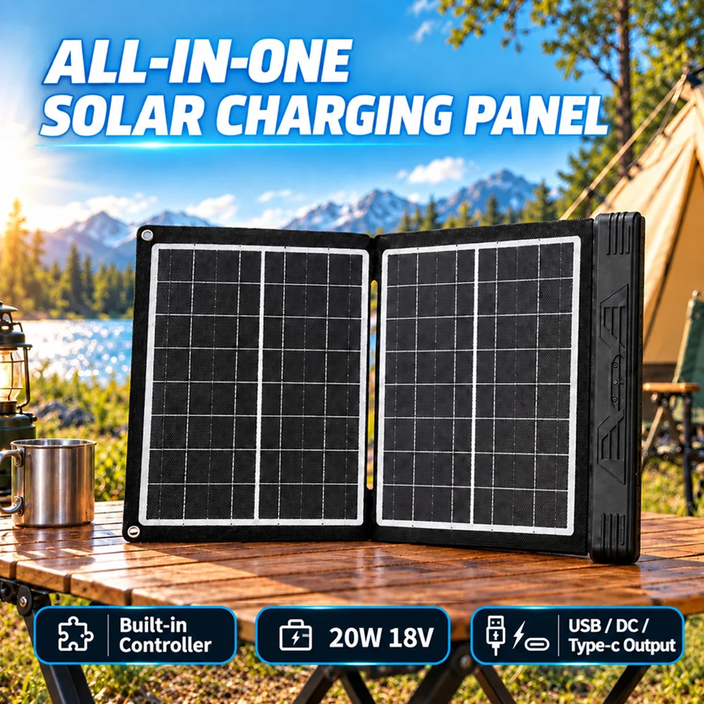 2-in-1 20W 18V Foldable Solar Panel with Built-in Controller, Portable Solar Charger Kit with USB/DC/Type-C Output, for Camping, Hiking, RV, Outdoor Emergency Power Backup