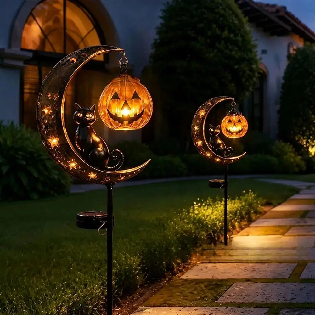 Halloween Schwarze Katze & Kürbis-Mond Gartenleuchte, Gartenlampe Dekoration, Outdoor Wasserdichte Metall-Kürbis-Pfahl-Deko – Detail 10