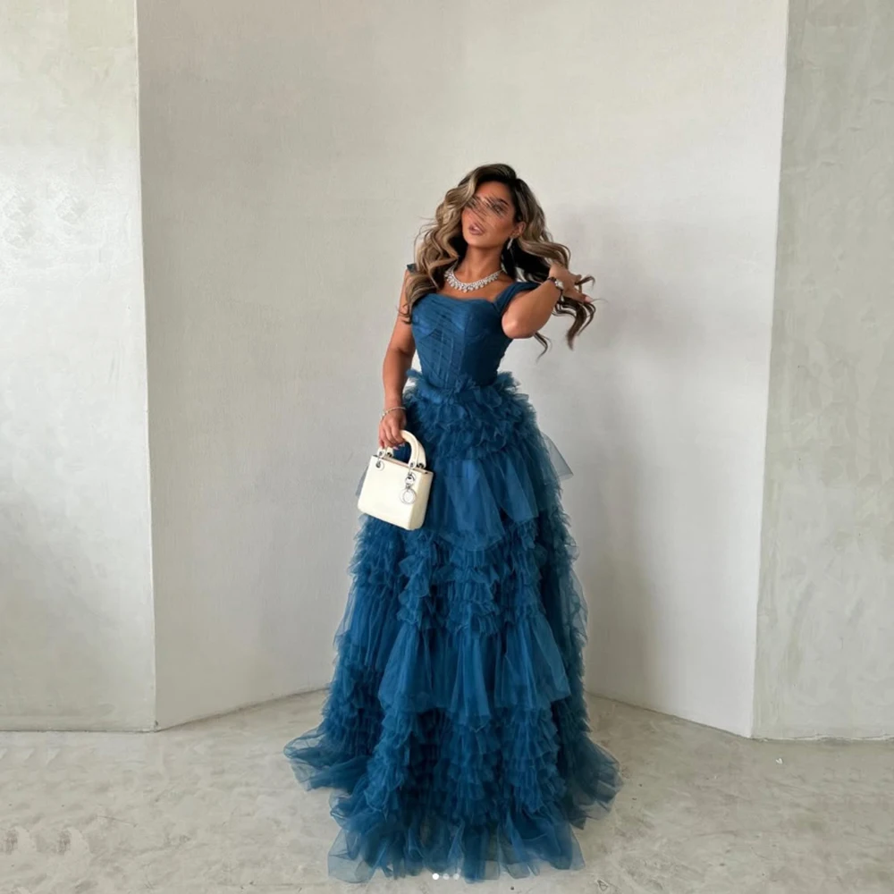 

Customized Blue Strapless Tiered Pleat Tulle Evening Dresses Spaghetti Sleeveless Draped Dloor Length Party Prom Gowns Elegant